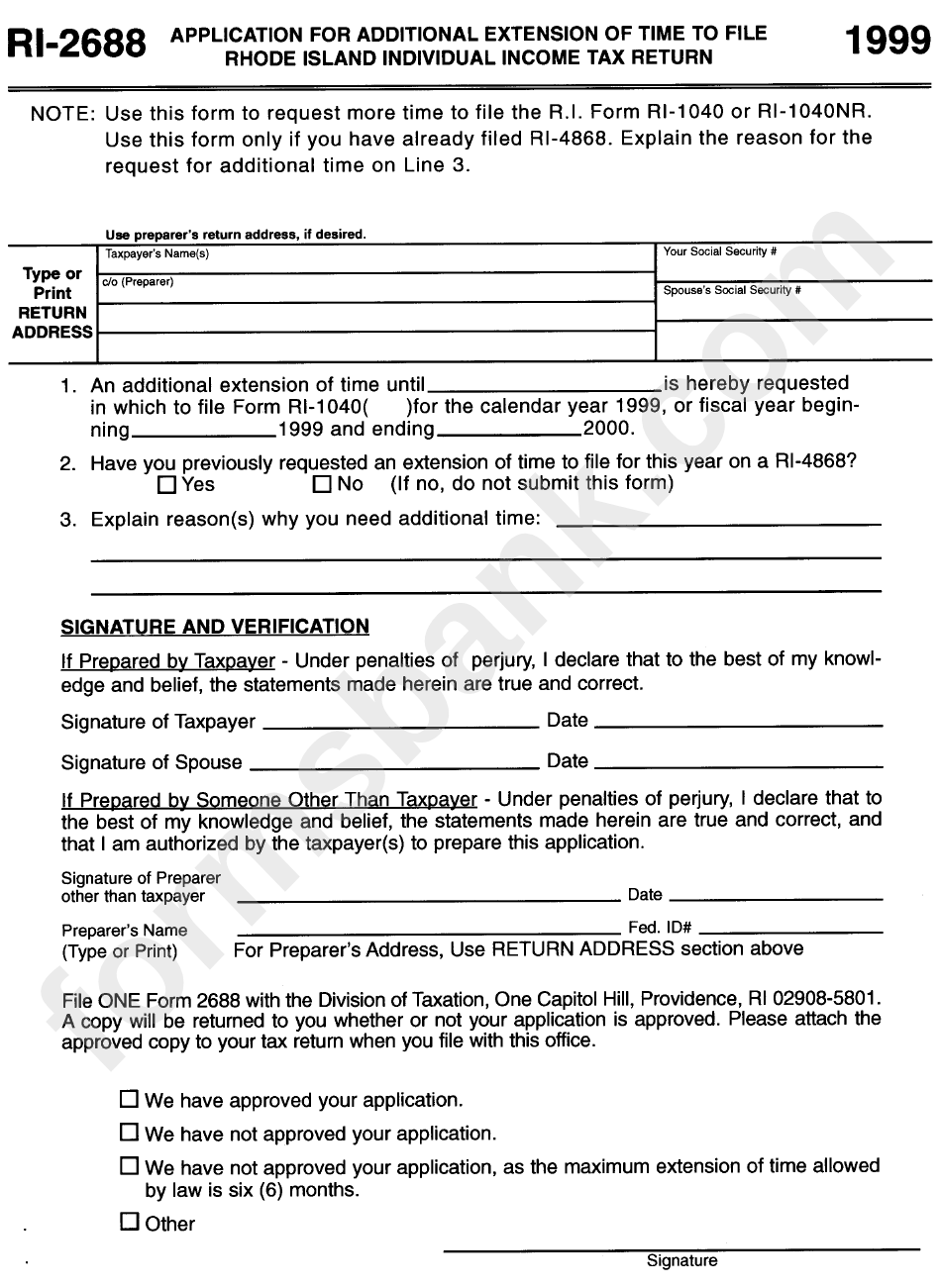 Form Ri-2688 - Application For Additional Extension Of Time To File Rhode Island Individual Income Tax Return - 1999
