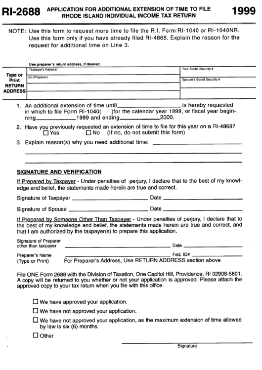 Form Ri-2688 - Application For Additional Extension Of Time To File Rhode Island Individual Income Tax Return - 1999 Printable pdf