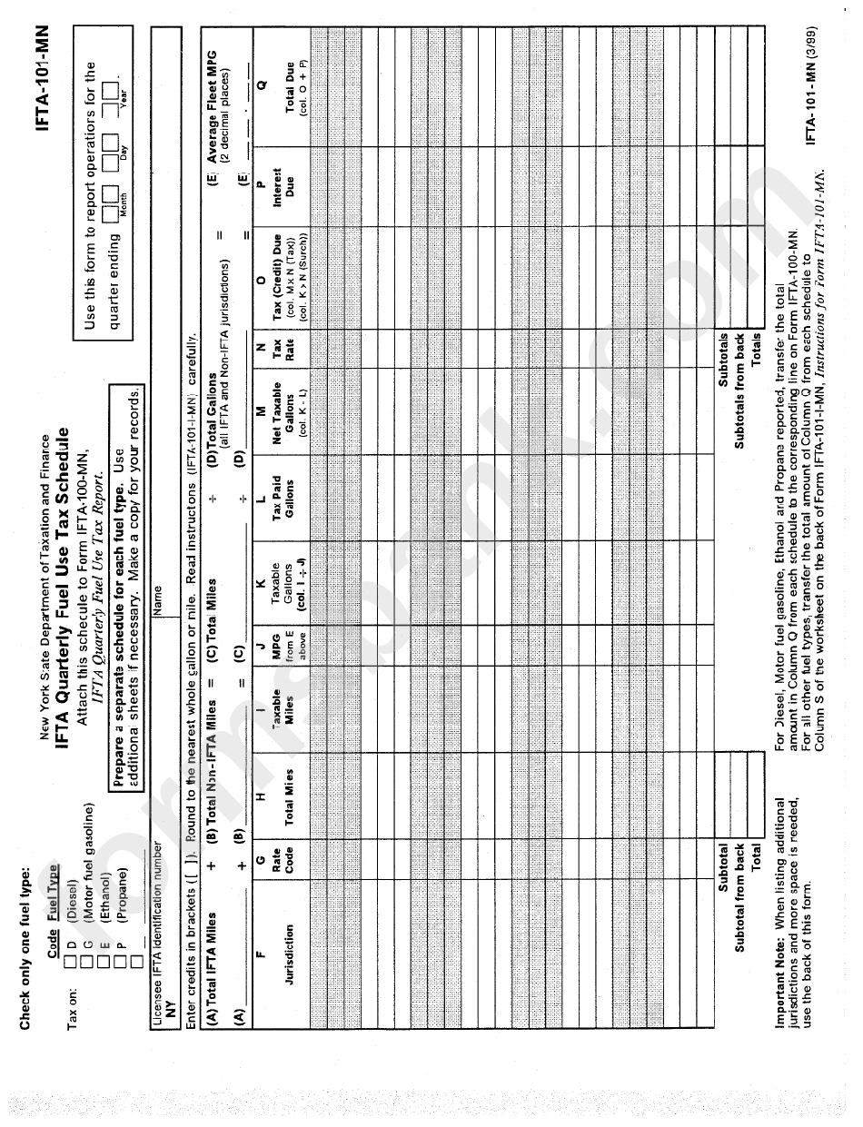 Form Ifta-101-Mn - Ifta Qurterly Fuel Use Tax Schedule