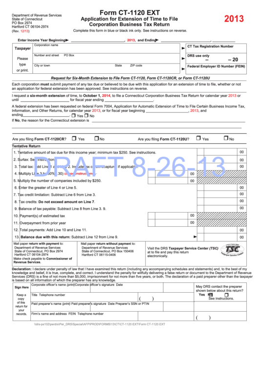 Form Ct-1120 Ext Draft - Application For Extension Of Time To File Corporation Business Tax Return - 2013 Printable pdf