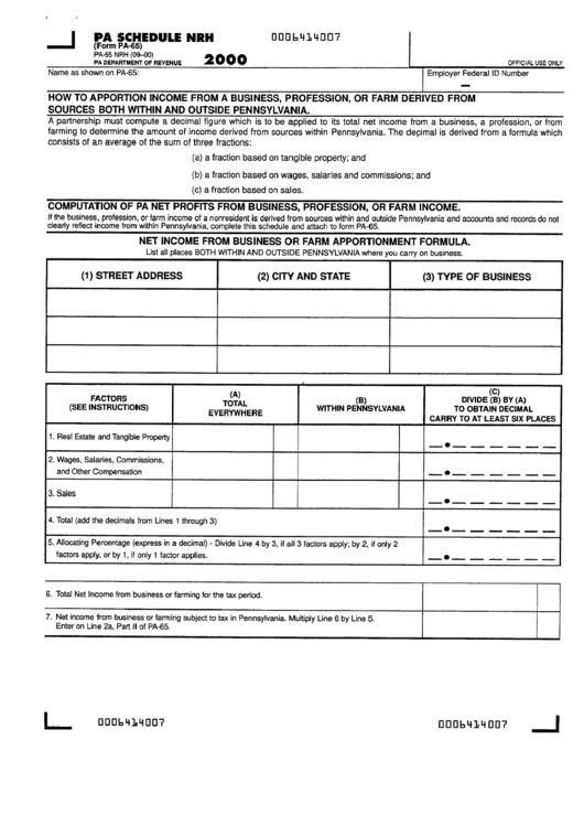 Form Pa-65 - Pa Schedule Nrh - Income From A Business, Profession, Or Farm - 2000 Printable pdf