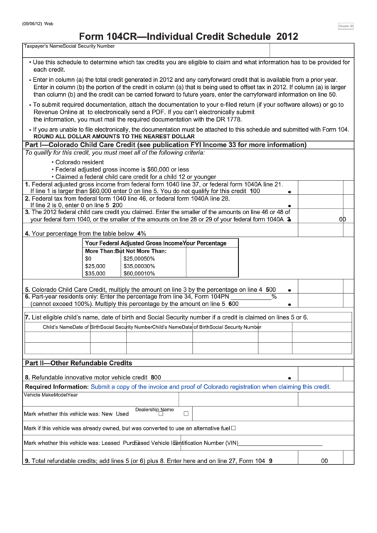 Form 104cr - Individual Credit Schedule - 2012 Printable pdf