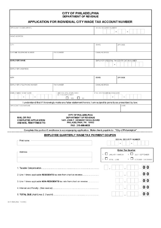 Form 83-T-104a - Application For Individual City Wage Tax Account Number - Philadelphia Department Of Revenue Printable pdf