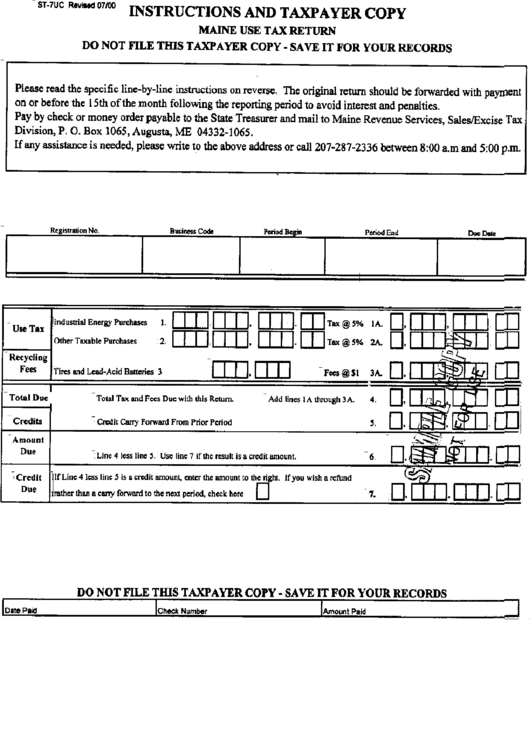 Form St-7uc Sample Copy - Maine Use Tax Return Printable pdf
