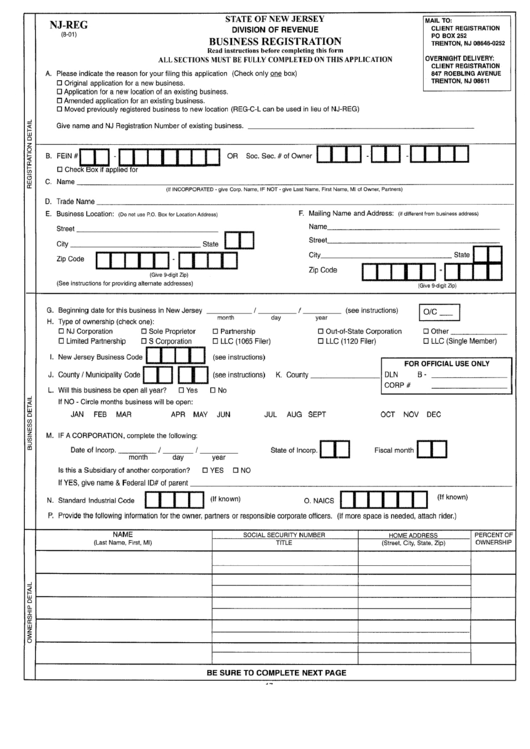 Form Nj-Reg - Business Registration Printable pdf