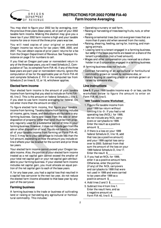 Instructions For 2002 Form Fia-40 - Farm Income Averaging Printable pdf
