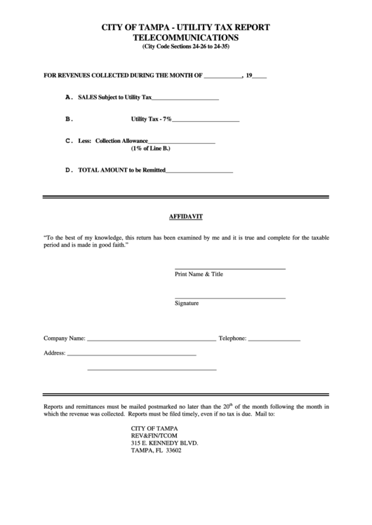 Utility Tax Report Telecommunications Form - City Of Tampa, Florida Printable pdf