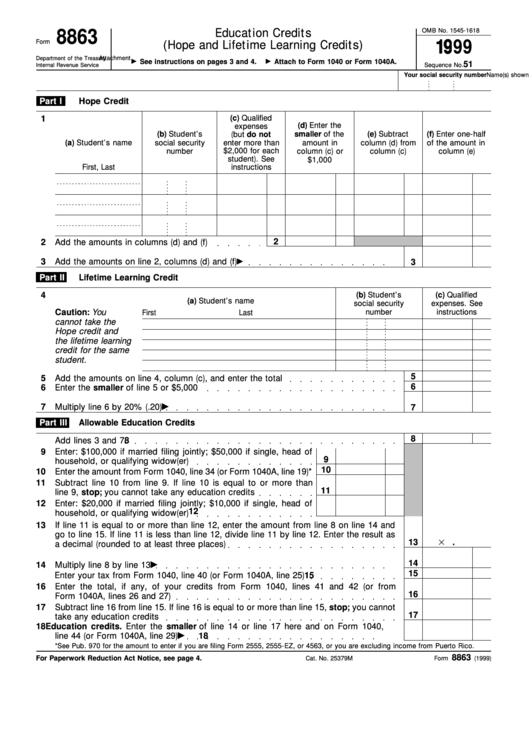 Fillable Form 8863 - Education Credits (Hope And Lifetime Learning Credits) - 1999 Printable pdf