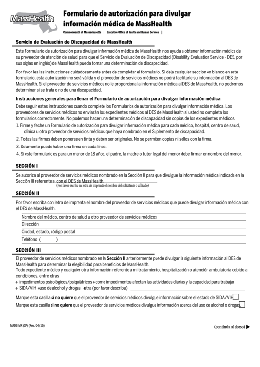 Form Mads-Mr (Sp) - Formulario De Autorizacion Para Divulgar Informacion Medica De Masshealth - Executive Office Of Health And Human Services Printable pdf