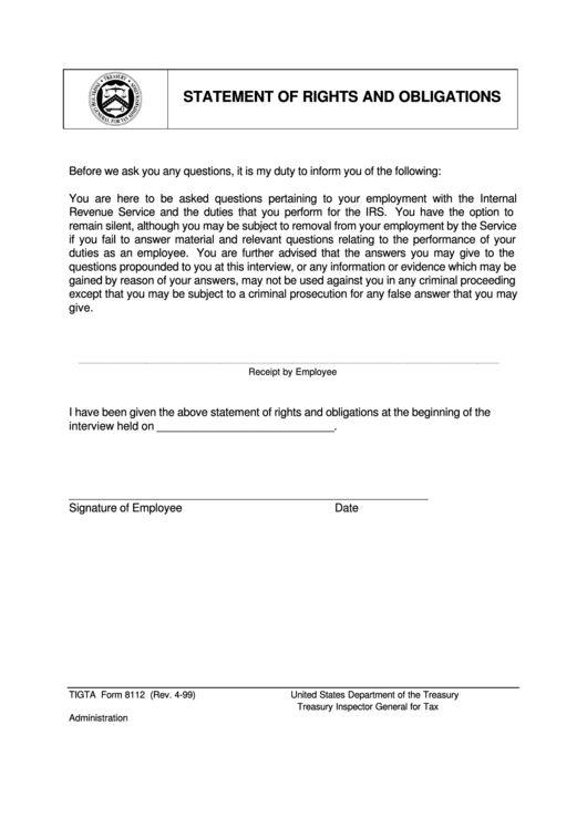 Form 8112 - Statement Of Rights And Obligations - Treasury Inspector General For Tax - U.s. Department Of The Treasury Printable pdf