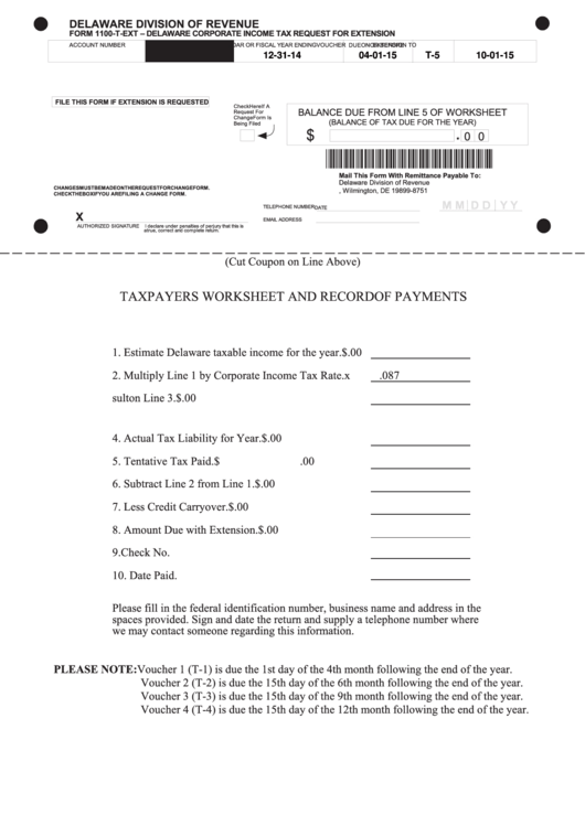 Fillable Form 1100-T-Ext - Delaware Corporate Income Tax Request For Extension - Delaware Division Of Revenue Printable pdf