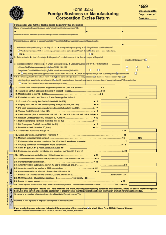 Form 355b - Foreign Business Or Manufacturing Corporation Excise Return - Massachusetts - Department Of Revenue - 1999 Printable pdf