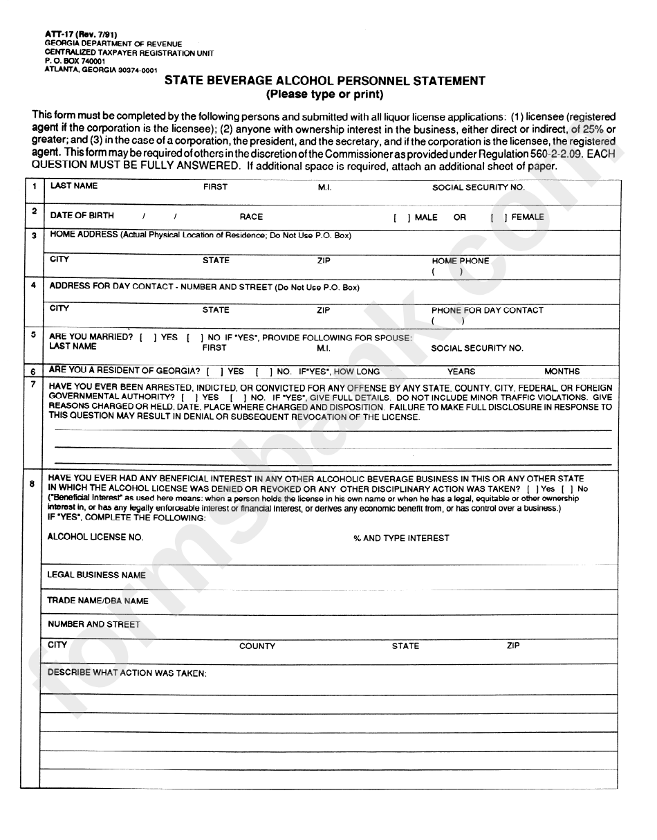 Form Att-17 - State Beverage Alcohol Personnel Statement - Georgia Department Of Revenue