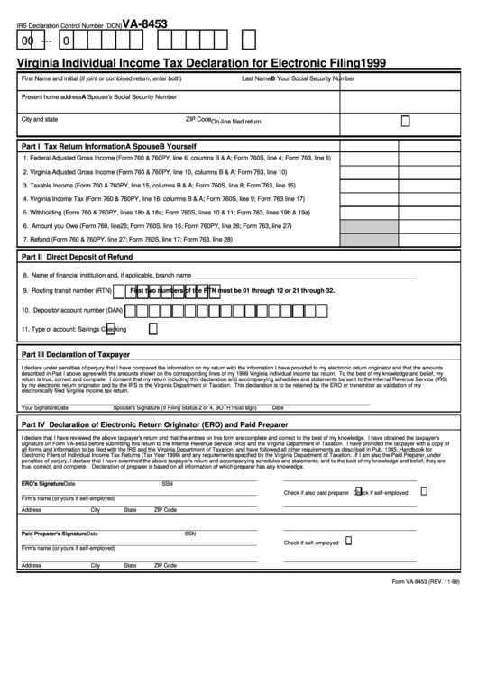 Form Va-8453 - Virginia Individual Income Tax Declaration For Electronic Filing - 1999 Printable pdf