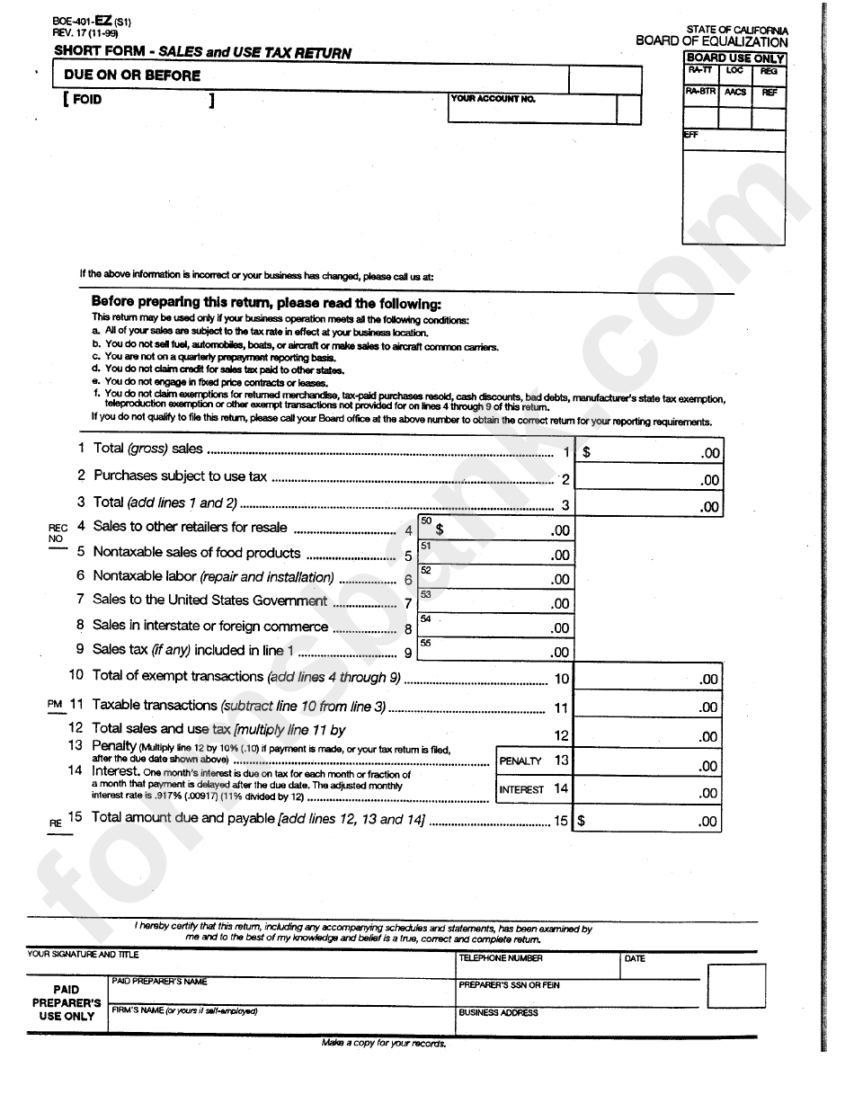 Short Form - Sales And Use Tax Return - Board Of Equalization - State Of California
