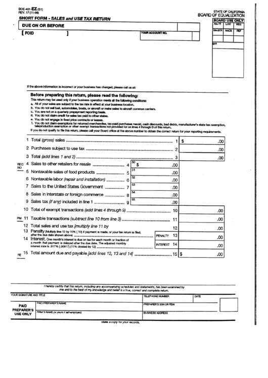 Short Form - Sales And Use Tax Return - Board Of Equalization - State Of California Printable pdf