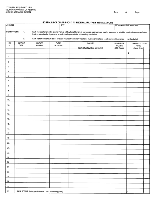 Fillable Form Att-75 - Schedule Of Cigars Sold To Federal Military Installations - Georgia Department Of Revenue Printable pdf