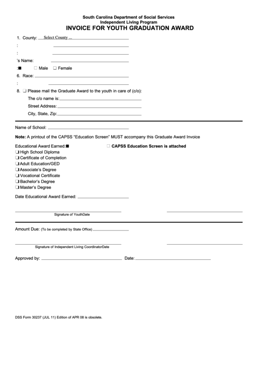 Fillable Form 30237 - Invoice For Youth Graduation Award - South Carolina Department Of Social Services Printable pdf