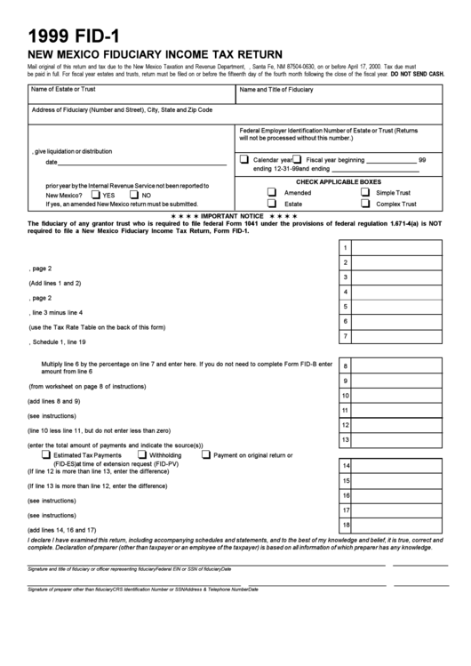 Form Fid-1 - New Mexico Fiduciary Income Tax Return - 1999 Printable pdf