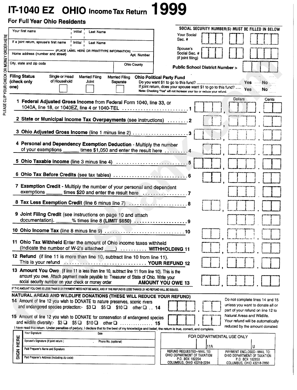 Form It-1040 Ez - Income Tax Return - 1999