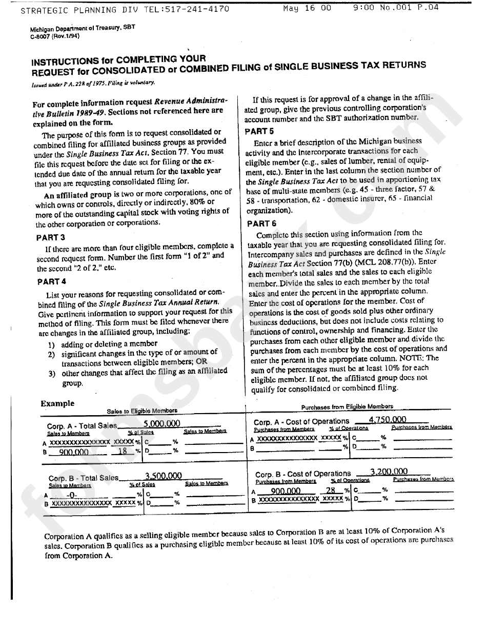 Instructions For Completing Your Request For Consolidated Or Combined Filing Of Single Business Tax Returns (Form C-8007) - 1994