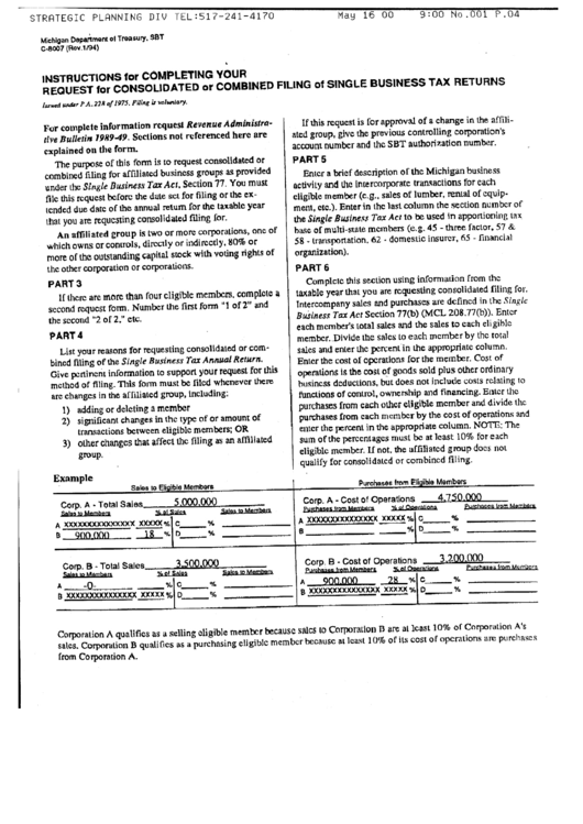 Instructions For Completing Your Request For Consolidated Or Combined Filing Of Single Business Tax Returns (Form C-8007) - 1994 Printable pdf