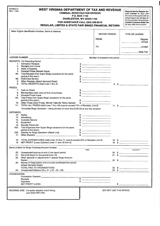 Form Wv/bgo-3 - Regular, Limited And State Fair Bingo Financial Return - Criminal Investigation Division Printable pdf