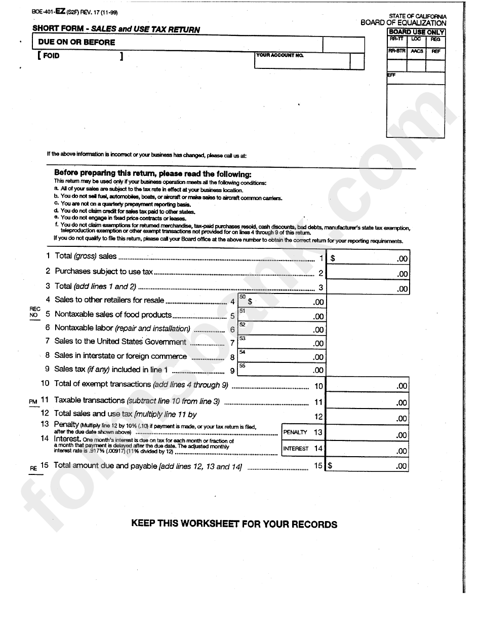 Form Boe-101-Ez - Short Form - Sales And Use Tax Return - Board Of Equalization - State Of California