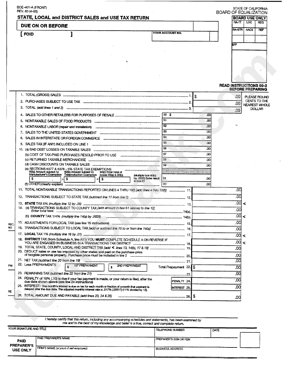 Form Boe-401-A - State, Local And District Sales And Use Tax Return - Board Of Equalization - State Of California