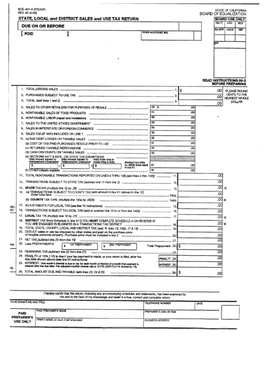Form Boe-401-A - State, Local And District Sales And Use Tax Return - Board Of Equalization - State Of California Printable pdf