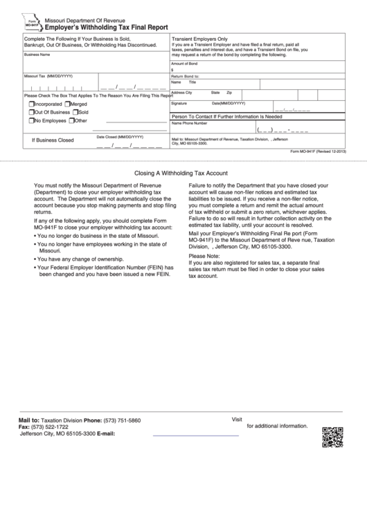 Form Mo-941f - Employer's Withholding Tax Final Report - 2013