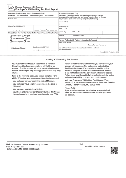 Fillable Form Mo 941f Employer S Withholding Tax Final Report 2013 Printable Pdf Download