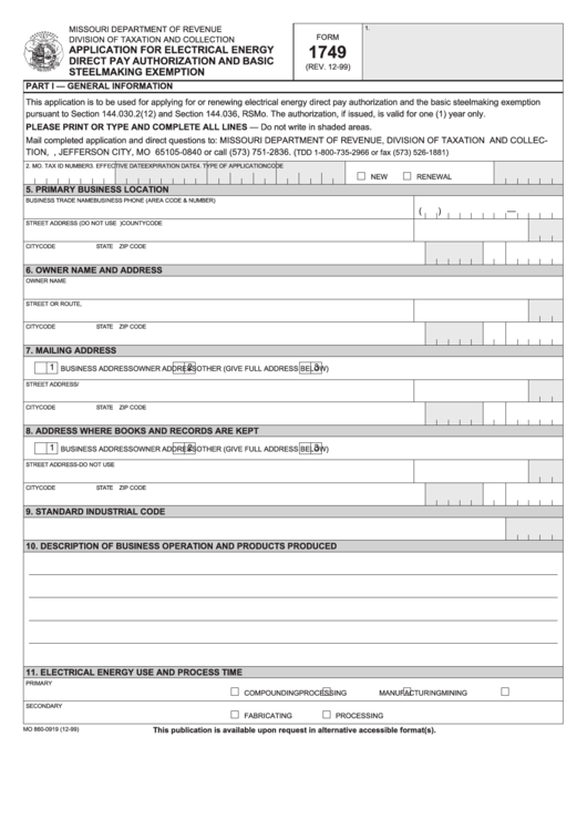 Form 1749 - Application For Electrical Energy Direct Pay Authorization And Basic Steelmaking Exemption Printable pdf