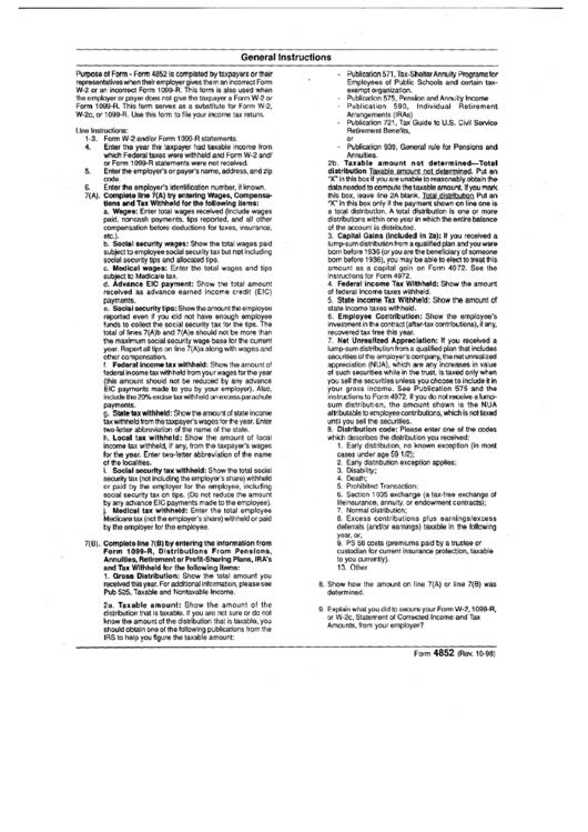 Form 4852 General Instructions Printable pdf