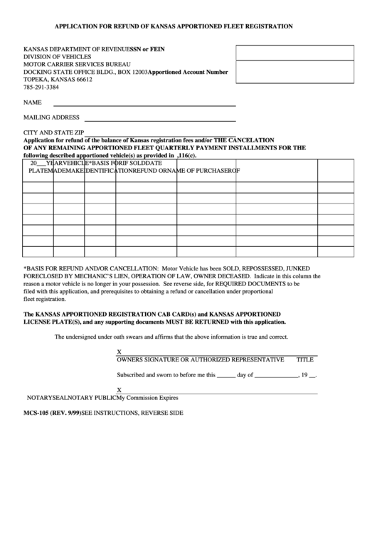 Form Mcs-105 - Application For Refund Of Kansas Apportioned Fleet Registration - 1999 Printable pdf