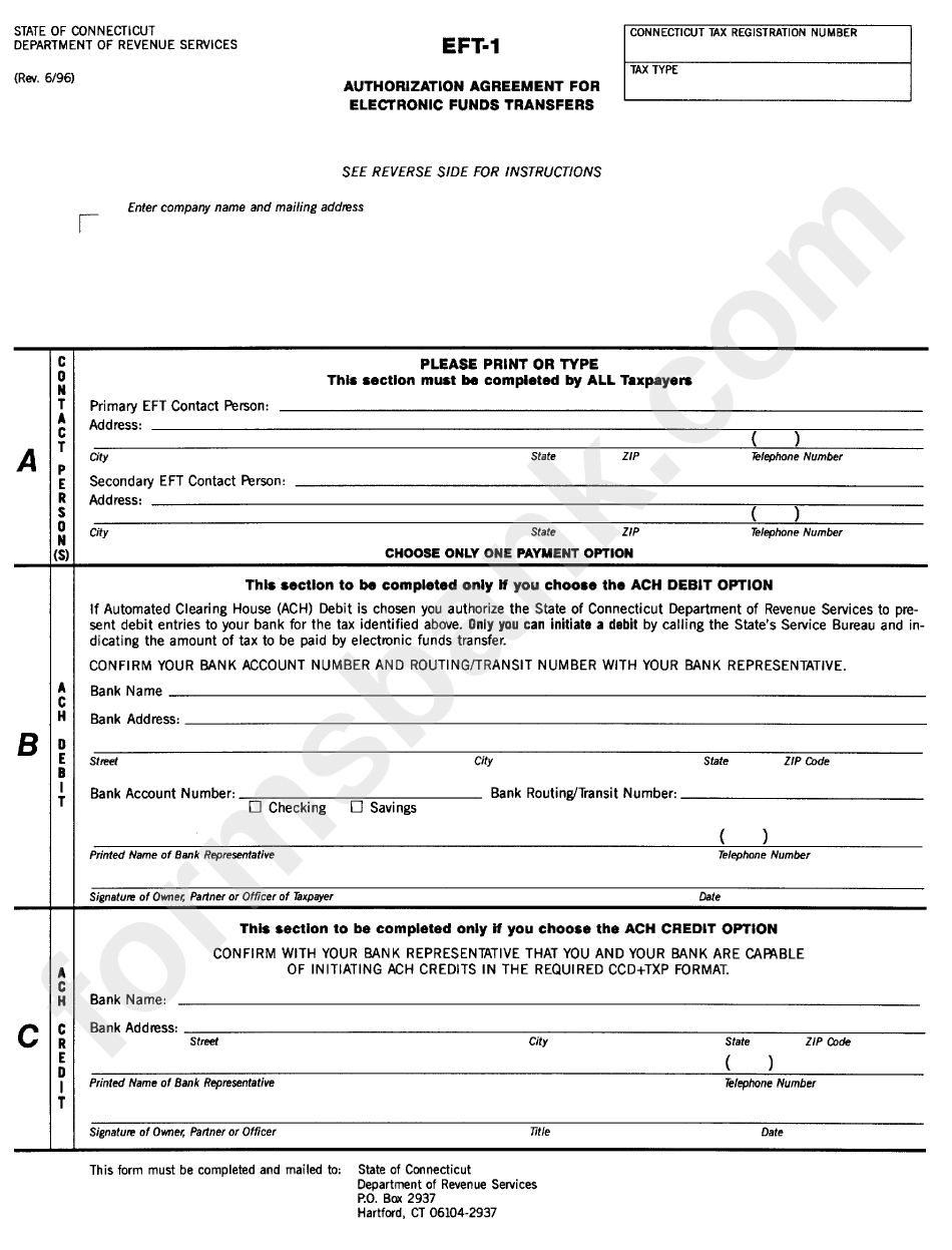 Form Eft 1 Authorization Agreement For Electronic Funds Transfers Department Of Revenue 9517