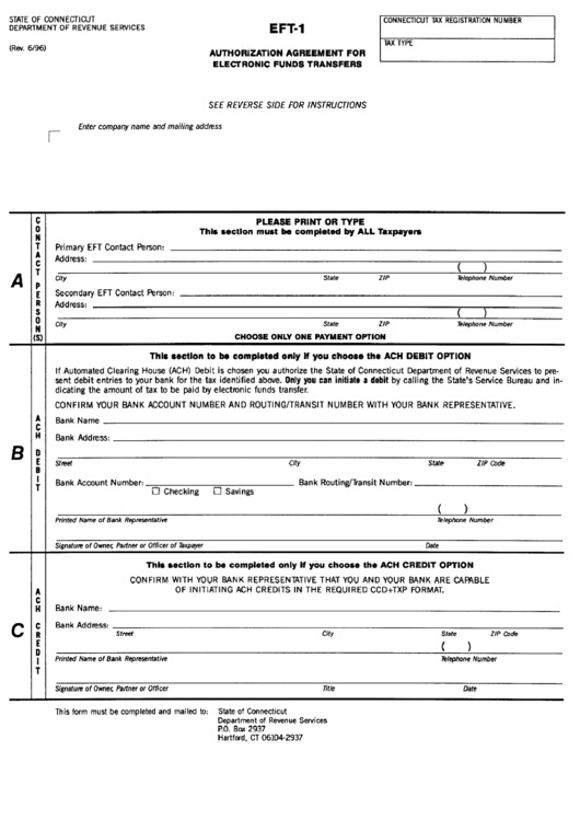 Form Eft-1 - Authorization Agreement For Electronic Funds Transfers - Department Of Revenue Services - State Of Connecticut Printable pdf