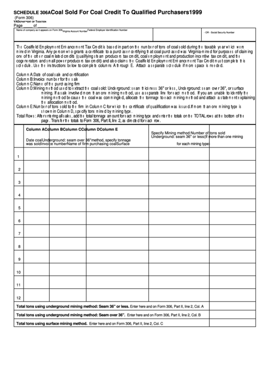 Schedule 306a (Form 306) - Coal Sold For Coal Credit To Qualified Purchasers - Va Department Of Taxation - 1999 Printable pdf