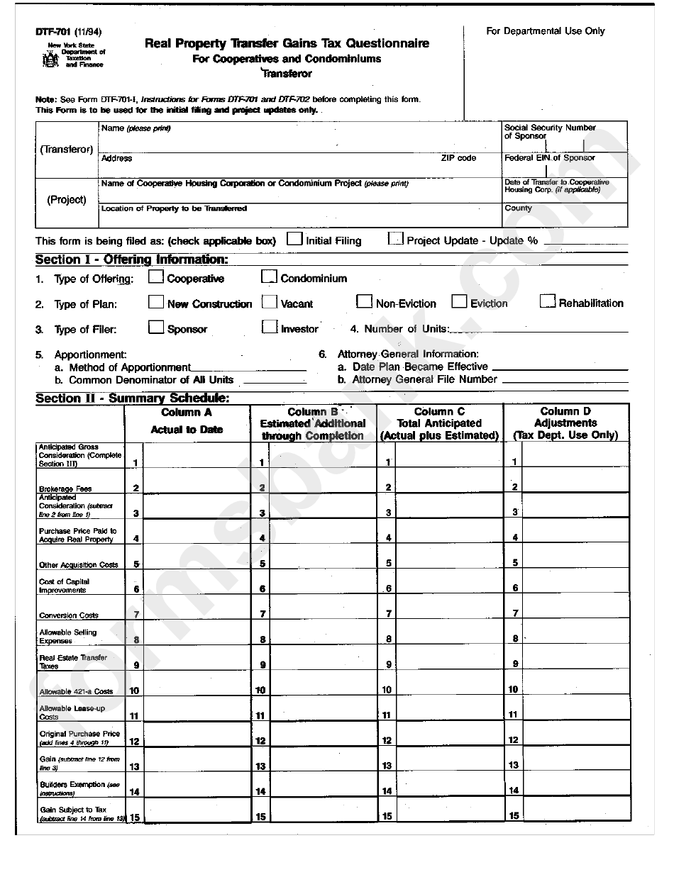Form Dtf-701 - Real Property Transfer Gains Tax Questionnaire For Cooperatives And Condominiums Transferor - Department Of Taxation And Finance - New York State