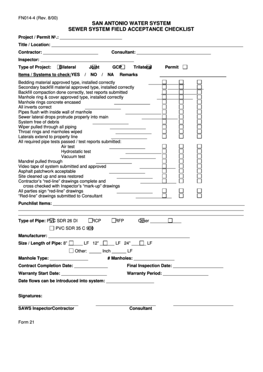 Form 21 - Sewer System Field Acceptance Checklist - San Antonio Water System Printable pdf