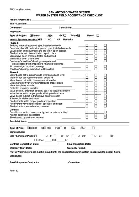 Form 20 - Water System Field Acceptance Checklist - San Antonio Water System Printable pdf
