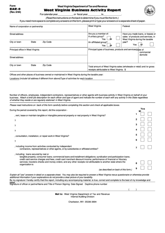 Fillable Form Bar-0 - West Virginia Business Activity Report - Department Of Tax And Revenue - 1994 Printable pdf