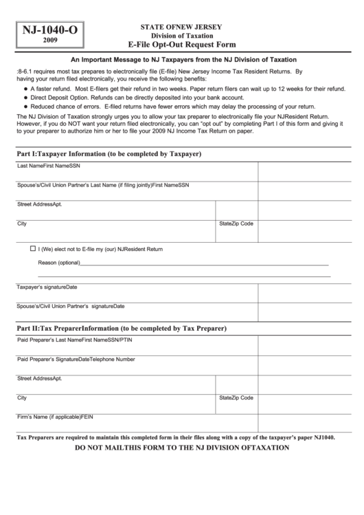 Form Nj-1040-o - E-file Opt-out Request Form - 2009