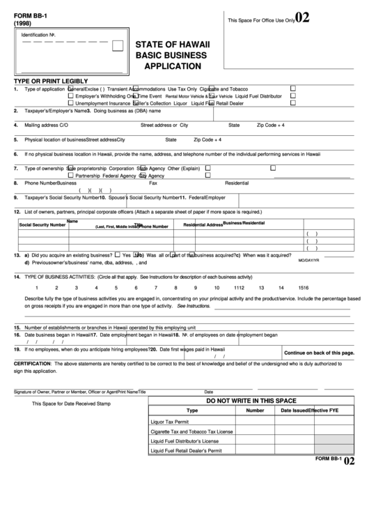 Fillable Form Bb-1 - Basic Business Application - State Of Hawaii - 1998 Printable pdf
