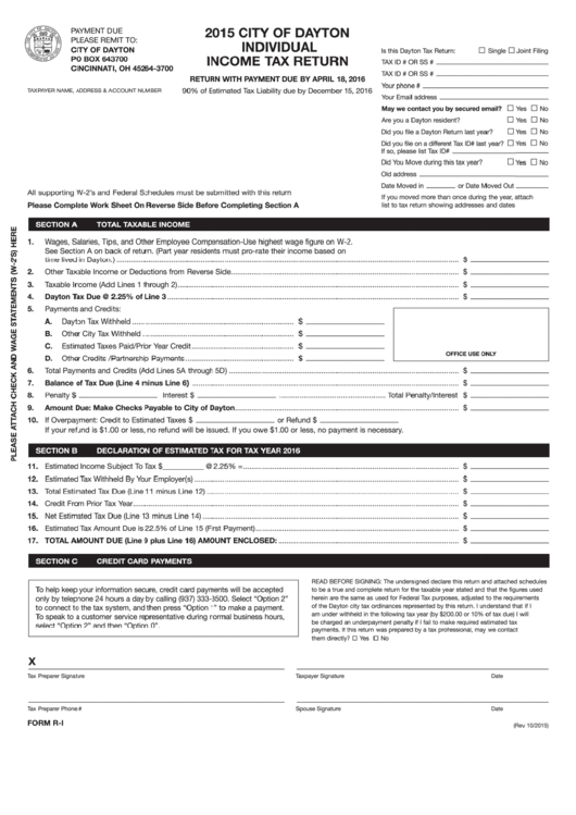 Individual Income Tax Return - City Of Dayton - 2015 Printable pdf