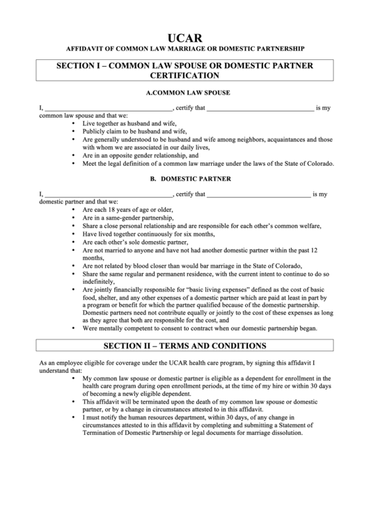 Affidavit Of Common Law Marriage Or Domestic Partnership - Ucar Printable pdf