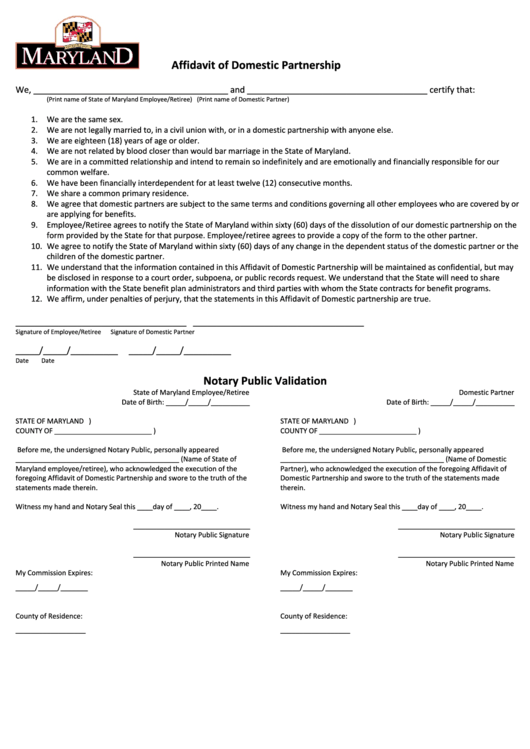 Affidavit Of Domestic Partnership - Maryland Printable pdf