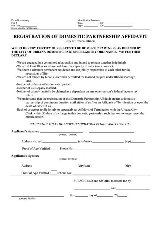 Registration Of Domestic Partnership Affidavit Form - City Of Urbana, Illinois Printable pdf