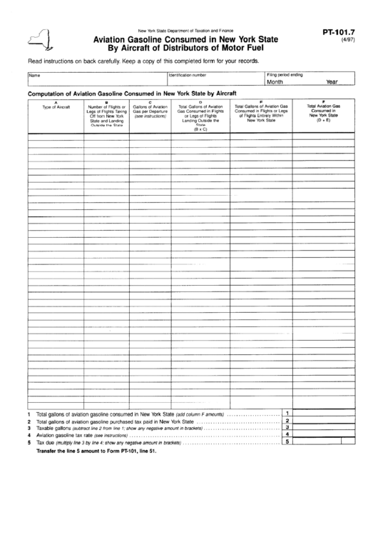 Form Pt-101.7 - Aviation Gasoline Consumed In New York State By Aircraft Of Distributors Of Motor Fuel - New York State Department Of Taxation And Finance - 1997 Printable pdf