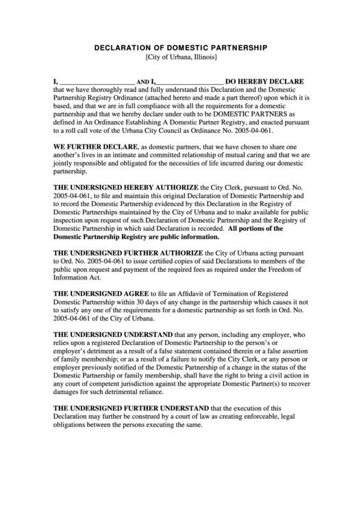 Domestic Partnership Declaration Form - City Of Urbana, Illinois Printable pdf